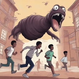 An illustration of three black male university students running away from large, terrifying worm monsters