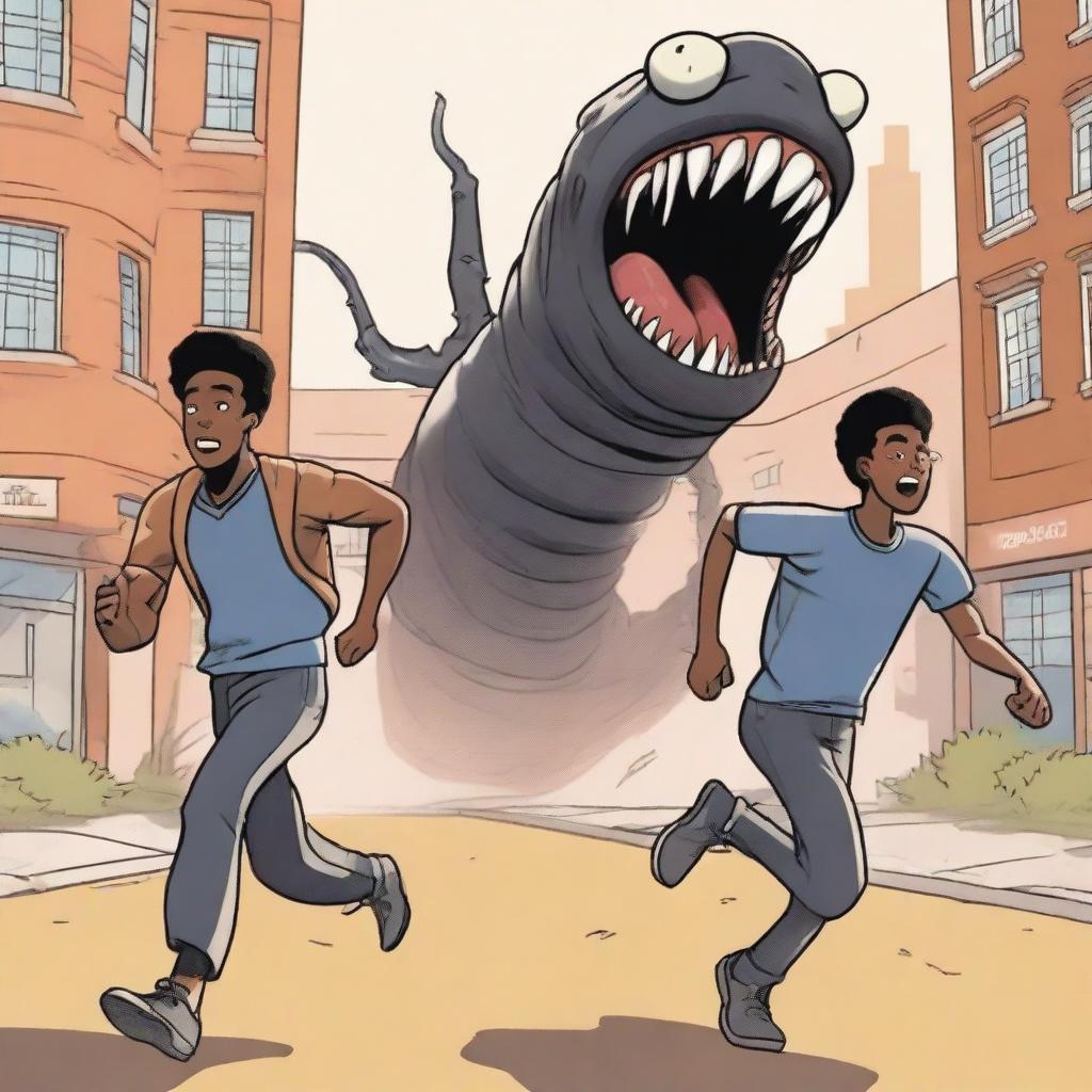 An illustration of three black male university students running away from a large, terrifying worm creature