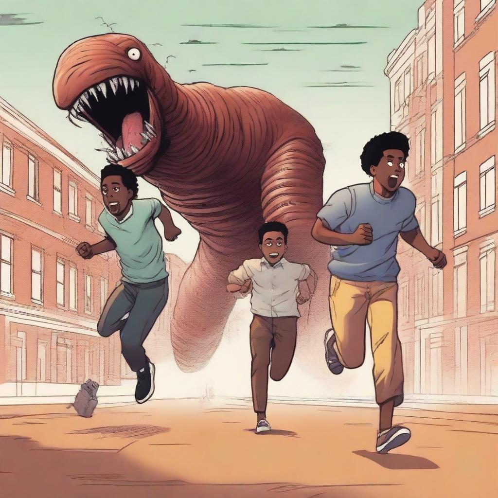 An illustration of three black male university students running away from a large, terrifying worm creature