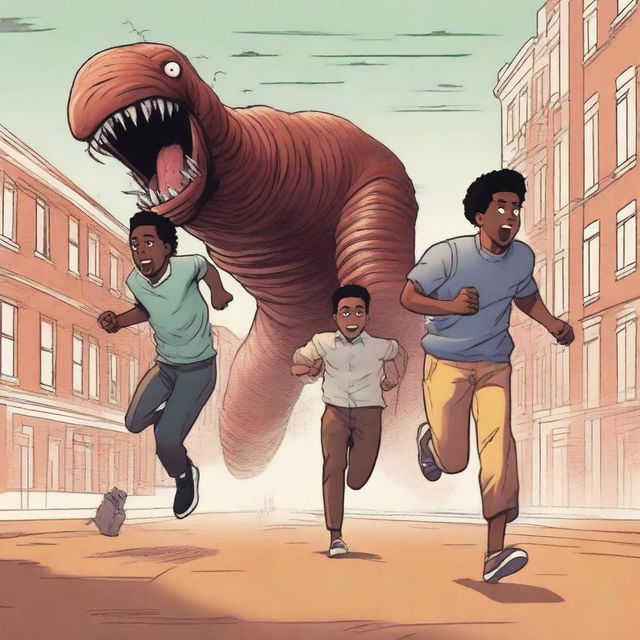 An illustration of three black male university students running away from a large, terrifying worm creature