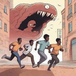 An illustration of three black male university students running away from a large, terrifying worm creature