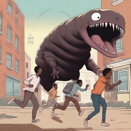 An illustration of three black male university students running away from a large, terrifying worm creature