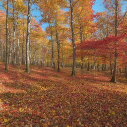 Late autumn scenery, a forest of multicolored leaves spanning shades of red, orange, and yellow, under a clear, azure sky.