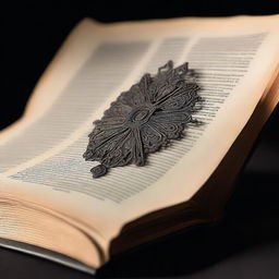 A closeup image of an open book on a black background