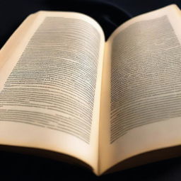 A closeup image of an open book on a black background