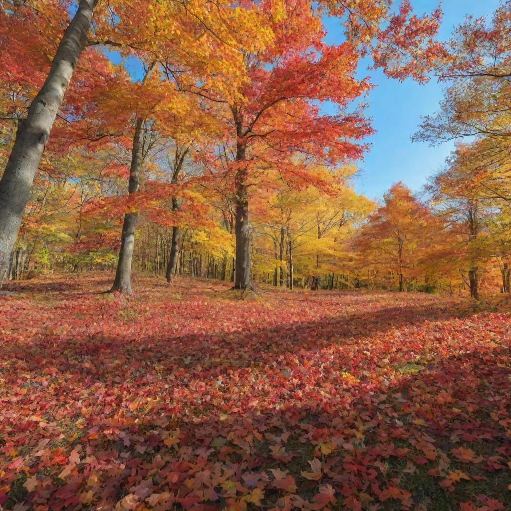 Late autumn scenery, a forest of multicolored leaves spanning shades of red, orange, and yellow, under a clear, azure sky.