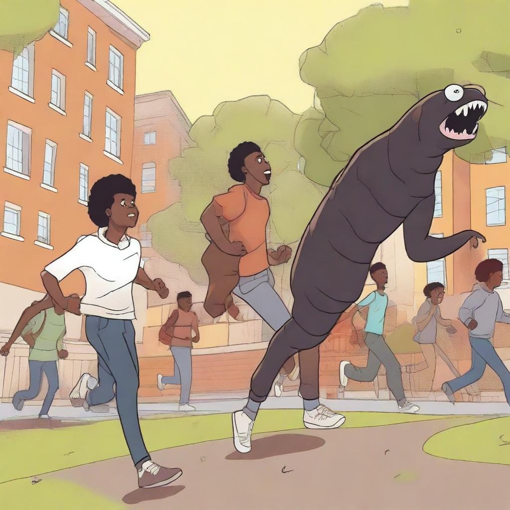 An illustration of black male university students running away from large, terrifying worm creatures