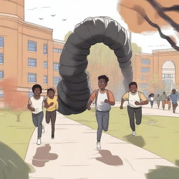 An illustration of black male university students running away from large, terrifying worm creatures