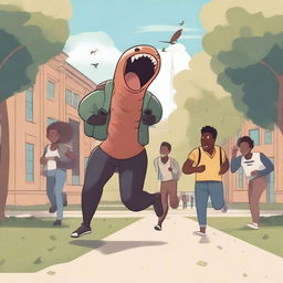 An illustration of black male university students running away from large, terrifying worm creatures