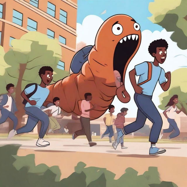 An illustration of black male university students running away from large, terrifying worm creatures