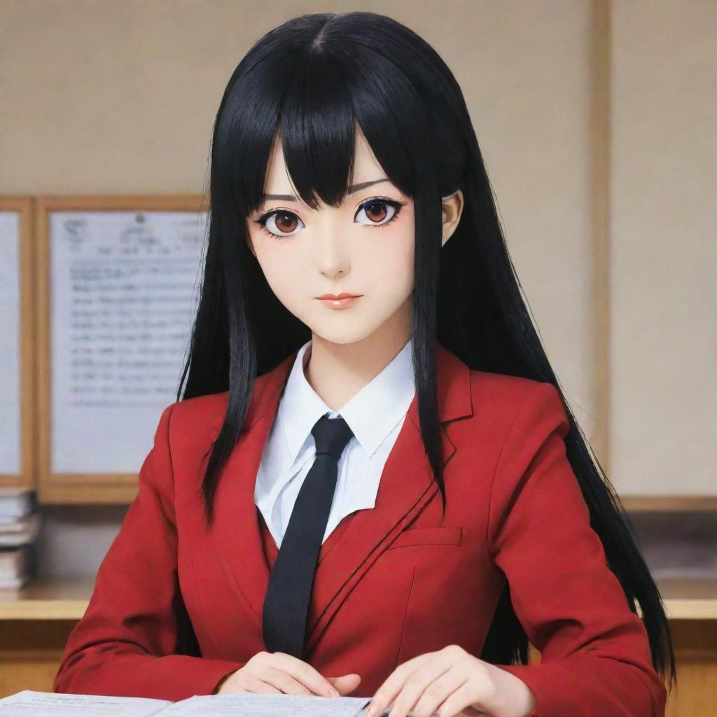 Anime character Yumeko Jabami from the series 'Kakegurui', with her iconic long black hair, red eyes and school uniform.