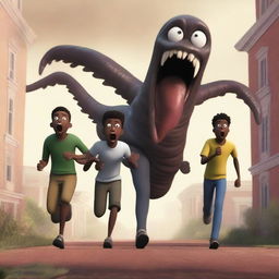 A realistic animation depicting three black male university students running away from large, terrifying worm creatures