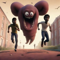 A realistic animation depicting three black male university students running away from large, terrifying worm creatures