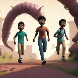 A realistic animation depicting three black male university students running away from large, terrifying worm creatures