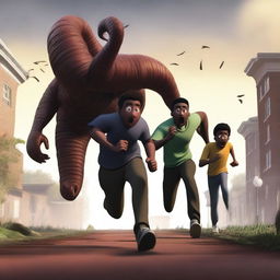 A realistic animation depicting three black male university students running away from large, terrifying worm creatures