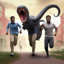 A realistic art piece depicting three black male university students running away from large, terrifying worm creatures