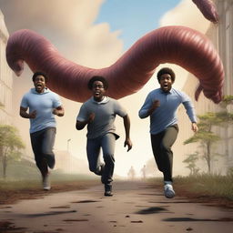 A realistic art piece depicting three black male university students running away from large, terrifying worm creatures