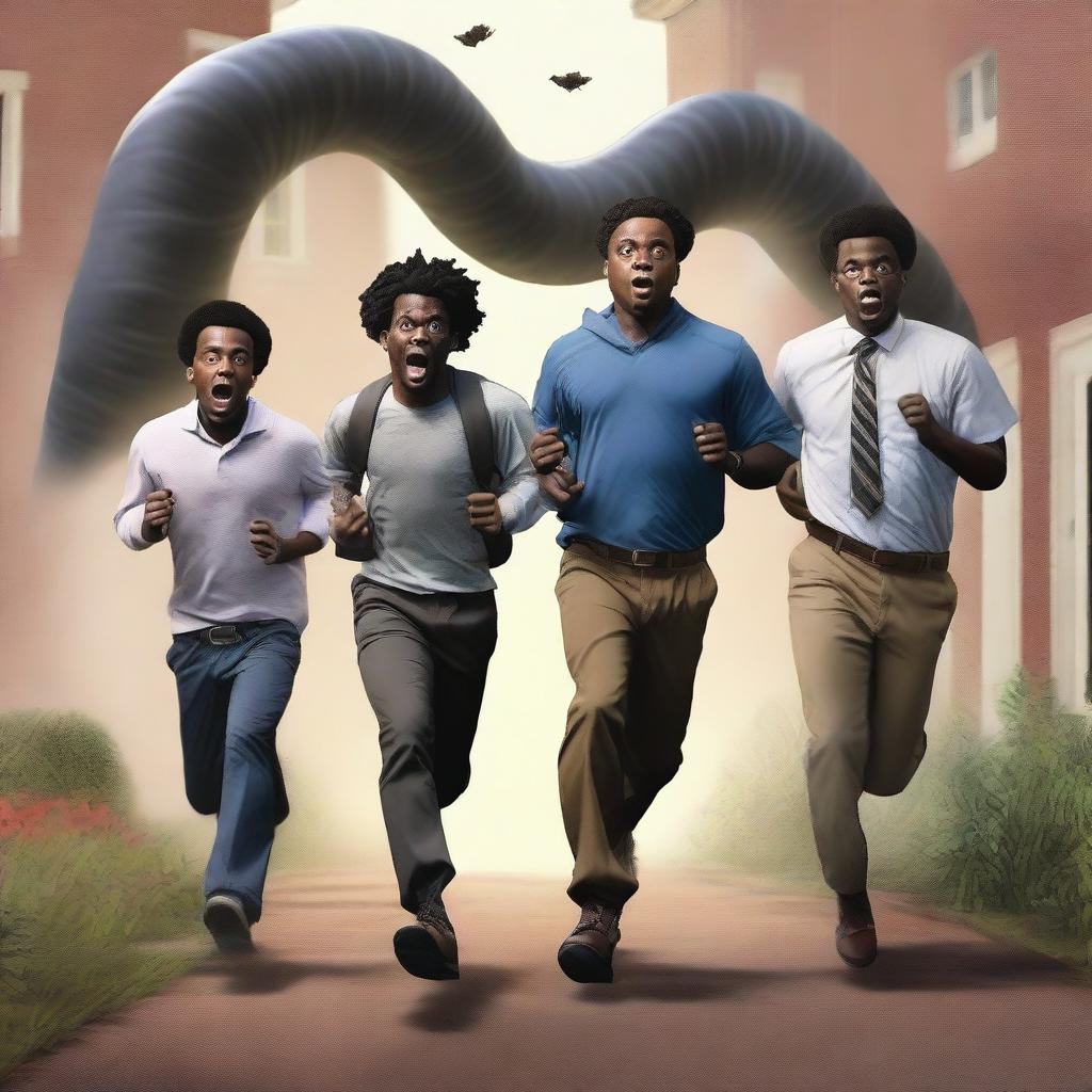 A realistic art piece depicting three black male university students running away from large, terrifying worm creatures