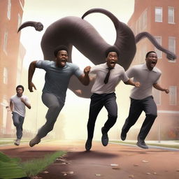 A realistic art piece depicting three black male university students running away from large, terrifying worm creatures