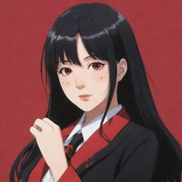 Anime character Yumeko Jabami from the series 'Kakegurui', with her iconic long black hair, red eyes and school uniform.