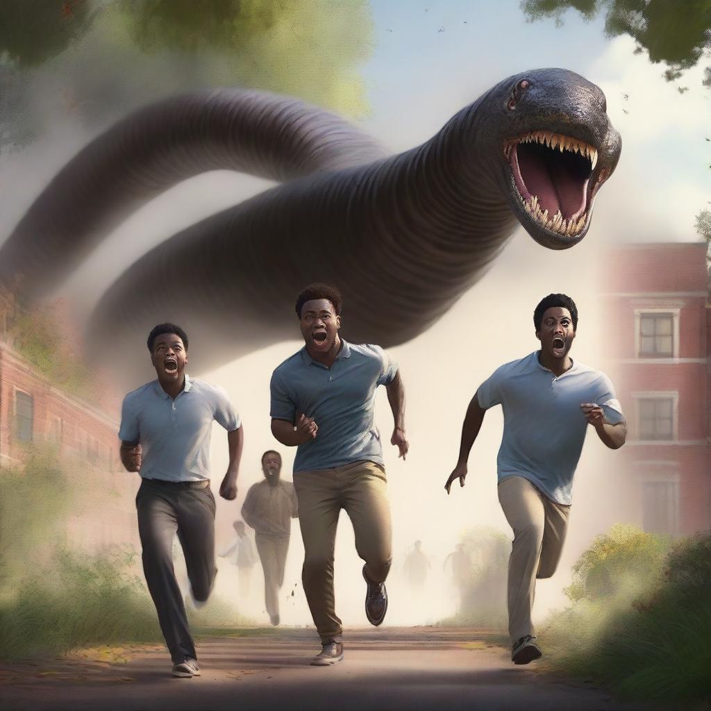 A realistic art piece depicting three handsome black male university students running away from large, terrifying worm creatures