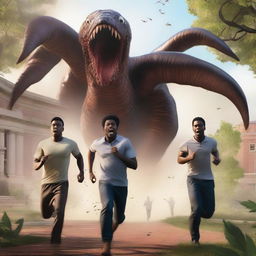 A realistic art piece depicting three handsome black male university students running away from large, terrifying worm creatures