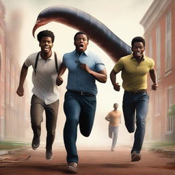 A realistic art piece depicting three handsome black male university students running away from large, terrifying worm creatures