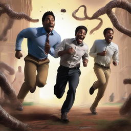 A realistic art piece depicting three handsome black male university students running away from large, terrifying worm creatures