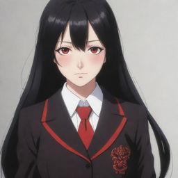 Anime character Yumeko Jabami from the series 'Kakegurui', with her iconic long black hair, red eyes and school uniform.