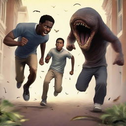 A realistic art piece showing three handsome 17-year-old light-skinned black male university students running away from large, terrifying worm creatures