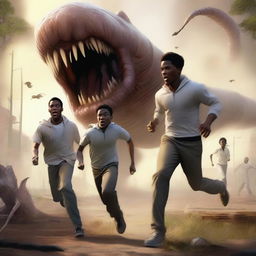 A realistic art piece showing three handsome 17-year-old light-skinned black male university students running away from large, terrifying worm creatures