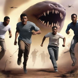 A realistic art piece showing three handsome 17-year-old light-skinned black male university students running away from large, terrifying worm creatures