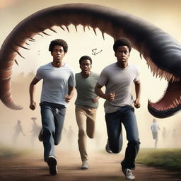 A realistic art piece showing three handsome 17-year-old light-skinned black male university students running away from large, terrifying worm creatures