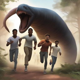 A realistic illustration art piece showing three handsome 17-year-old light-skinned black male university students running away from large, terrifying worm creatures