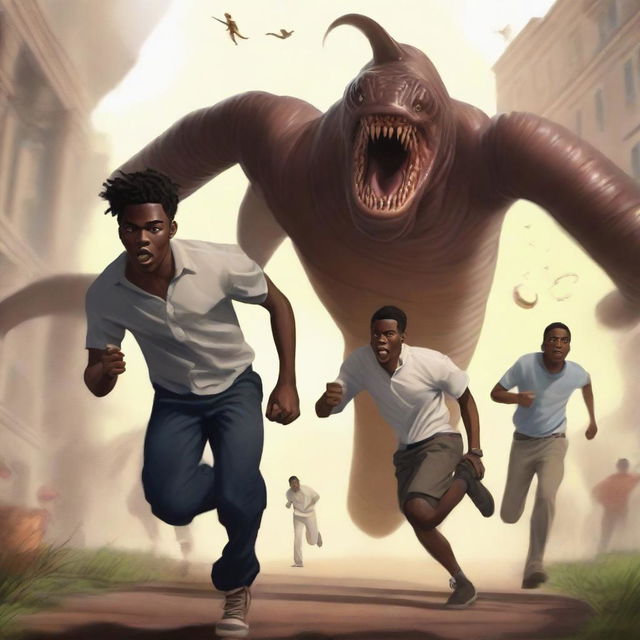 A realistic illustration art piece showing three handsome 17-year-old light-skinned black male university students running away from large, terrifying worm creatures