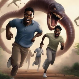 A realistic illustration art piece showing three handsome 17-year-old light-skinned black male university students running away from large, terrifying worm creatures