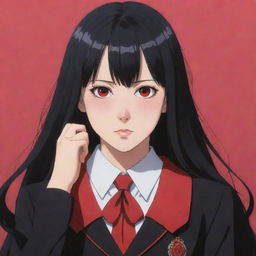 Anime character Yumeko Jabami from the series 'Kakegurui', with her iconic long black hair, red eyes and school uniform.