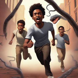 A realistic illustration art piece showing three handsome 17-year-old light-skinned black male university students running away from large, terrifying worm creatures