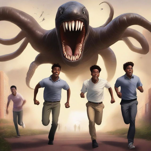 A realistic illustration art piece showing three handsome 19-year-old light-skinned black male university students running away from large, terrifying worm creatures