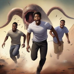 A realistic illustration art piece showing three handsome 19-year-old light-skinned black male university students running away from large, terrifying worm creatures