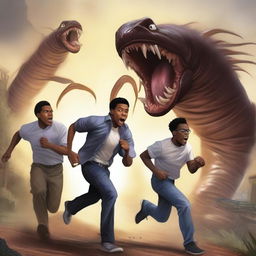 A realistic illustration art piece showing three handsome 19-year-old light-skinned black male university students running away from large, terrifying worm creatures