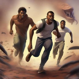 A realistic illustration art piece showing three handsome 19-year-old light-skinned black male university students running away from large, terrifying worm creatures