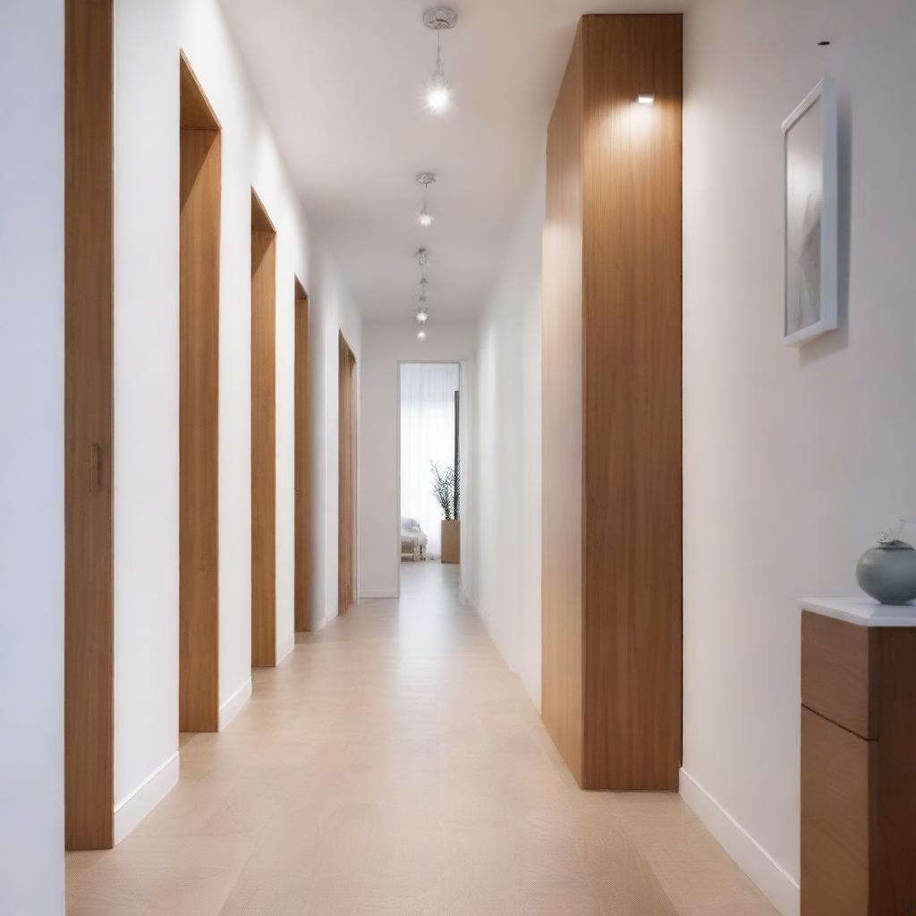 A long hallway with wooden cabinets and lights