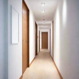 A long hallway with wooden cabinets and lights