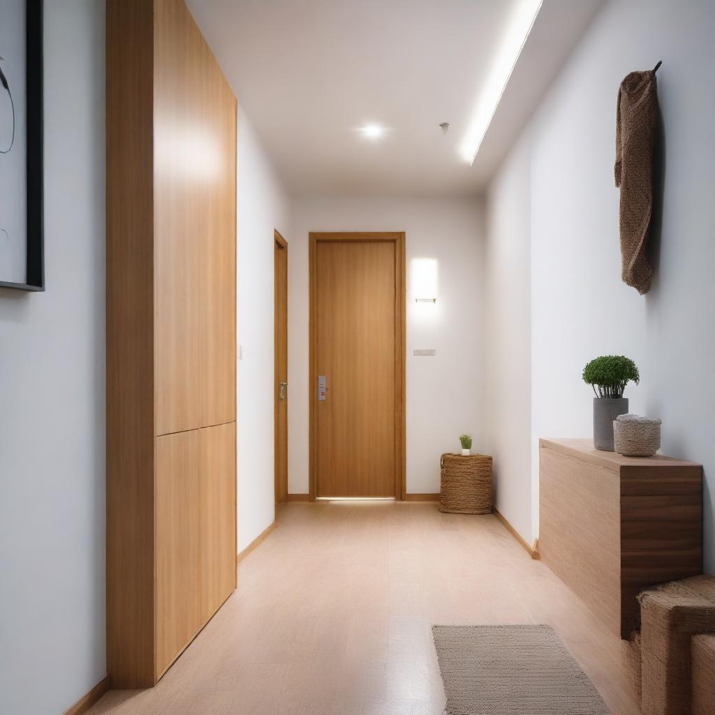 A long hallway with wooden cabinets and lights