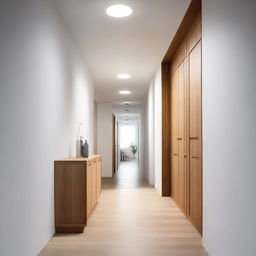 A long hallway with wooden cabinets and lights