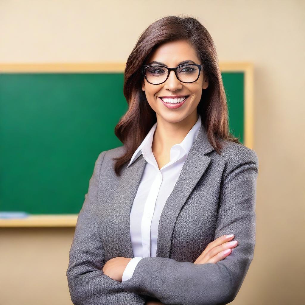 An attractive female teacher standing in front of a blackboard, dressed in professional attire