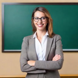 An attractive female teacher standing in front of a blackboard, dressed in professional attire