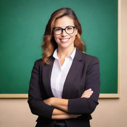 An attractive female teacher standing in front of a blackboard, dressed in professional attire