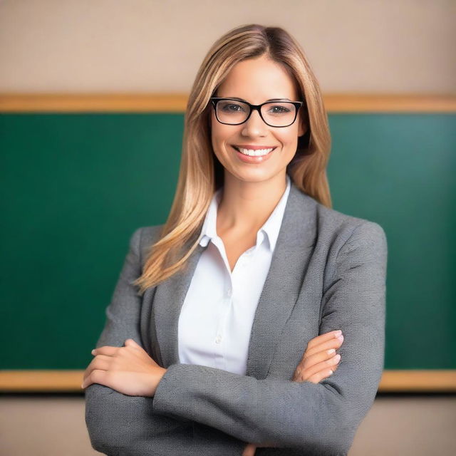 An attractive female teacher standing in front of a blackboard, dressed in professional attire